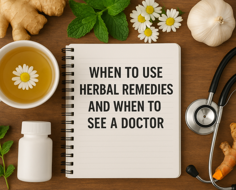 Notebook with medical notes surrounded by herbs symbolizing when to use herbal remedies and when to seek medical care