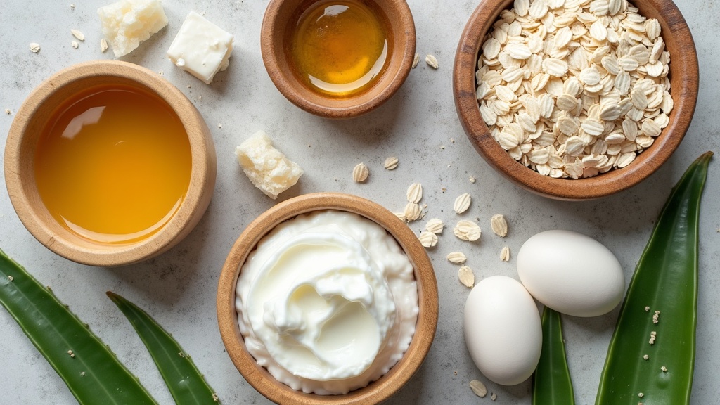 A flat lay of natural skincare ingredients like honey, aloe, oatmeal, and coconut oil, arranged artfully on a stone background with wooden bowls.