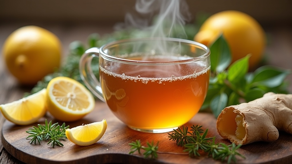 A steaming cup of herbal tea surrounded by honey, ginger, lemons, and fresh herbs on a wooden surface