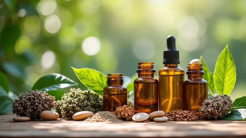 Bottles of natural supplements and bundles of dried herbs on a wooden background