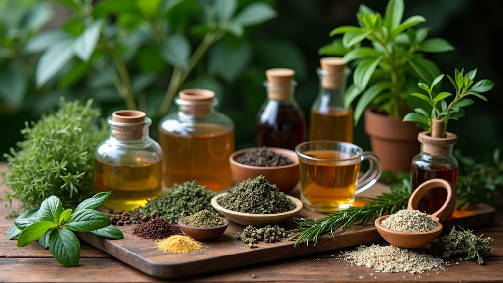 Various whole and dried herbs, herbal tea, mortar and pestle, and leafy plants on a rustic background.