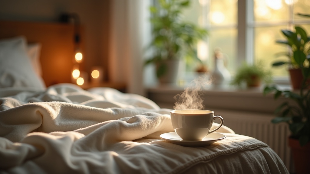 A cozy and tranquil bedroom scene with soft lighting, natural elements like plants, and a steaming cup of herbal tea on a bedside table.