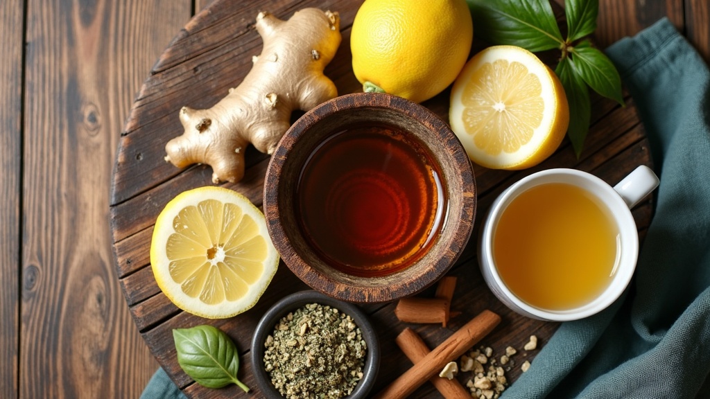 A top-down view of herbal teas, fresh ginger, and sliced fruits arranged on a rustic wooden kitchen table for digestive health home remedies.