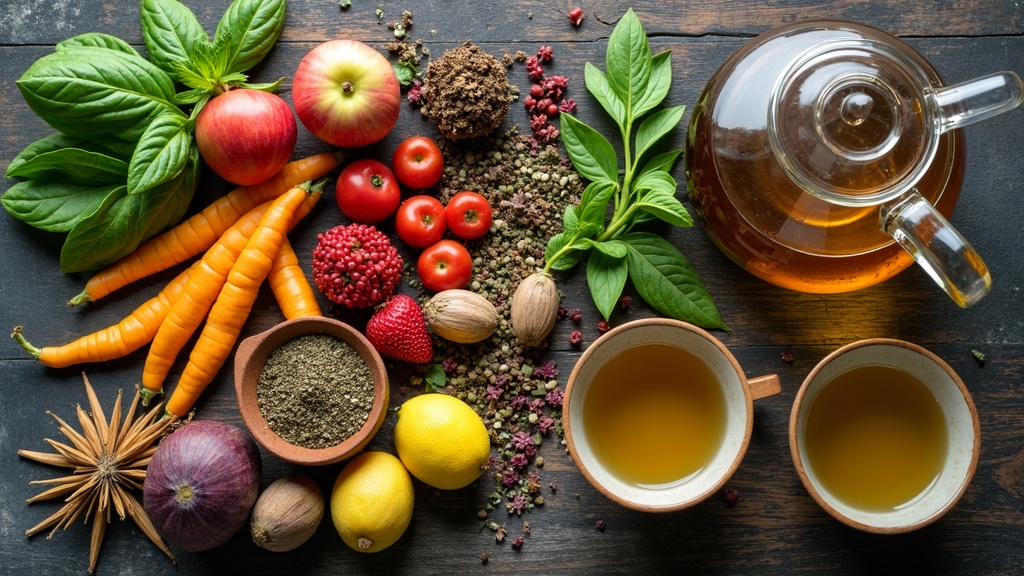 An overhead view of a variety of colorful anti-inflammatory herbs, spices, fruits, and vegetables arranged on a rustic table next to a glass teapot and cups of green tea.