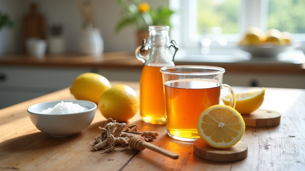 Natural sore throat remedies concept with honey, lemon, and herbal tea